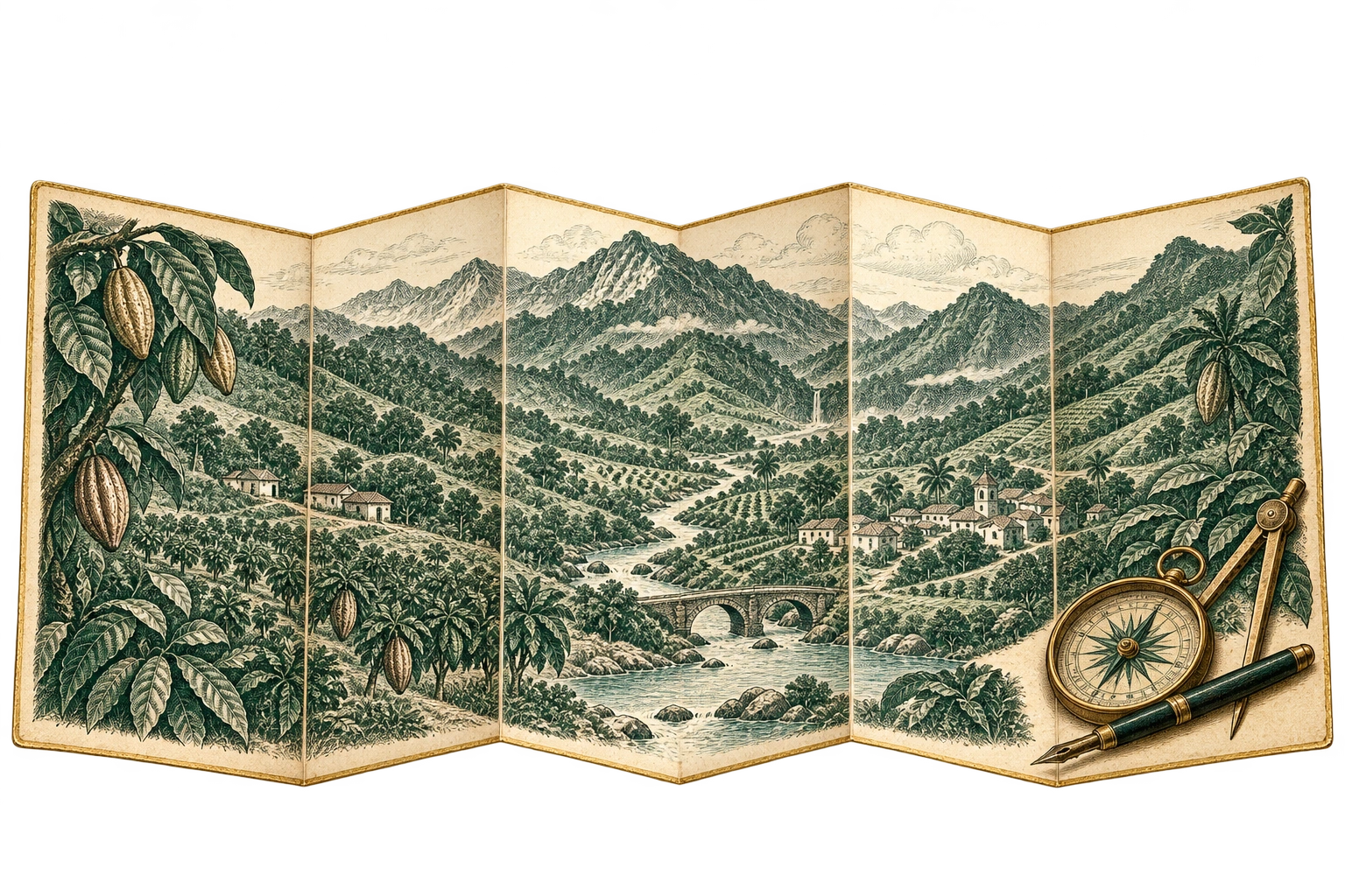 Illustrated field folio of a cacao valley, river and village.